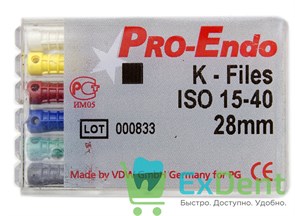 K-Files №15-40, 28 мм, Pro-Endo, для препарирования канала, нержавеющая сталь (6 шт)