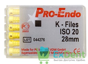 K-Files №20, 28 мм, Pro-Endo, для препарирования канала, нержавеющая сталь (6 шт)