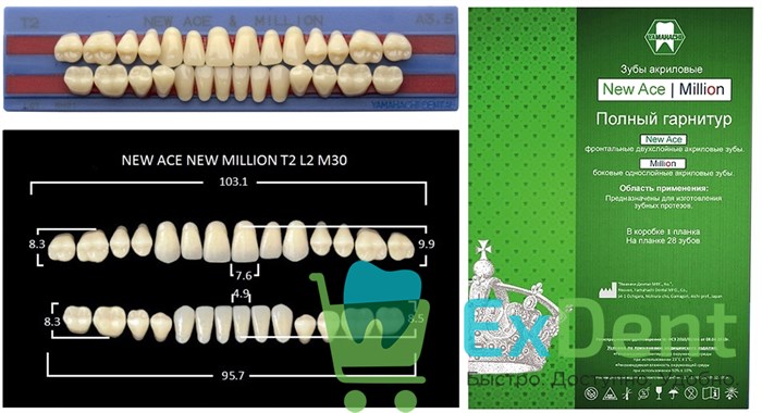 Гарнитур акриловых зубов A3.5, T2, M30, Million и New Ace (28 шт) - фото 39498
