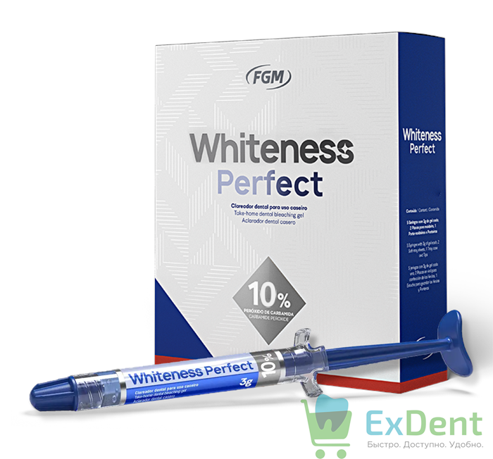 Whiteness Perfect 10% - набор для домашнего отбеливания + 2 пластины и футляр для кап (5 шпр * 3 г) - фото 40844