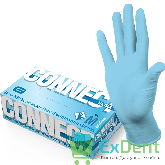 Перчатки Connect Ultra blue M, нитриловые, неопудренные, нестерильные, смотровые (200 шт) - фото 41059