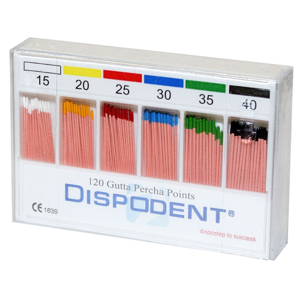 Гуттаперчевые штифты 02 №15-40 Dispodent - для пломбирования корневых каналов (120 шт)