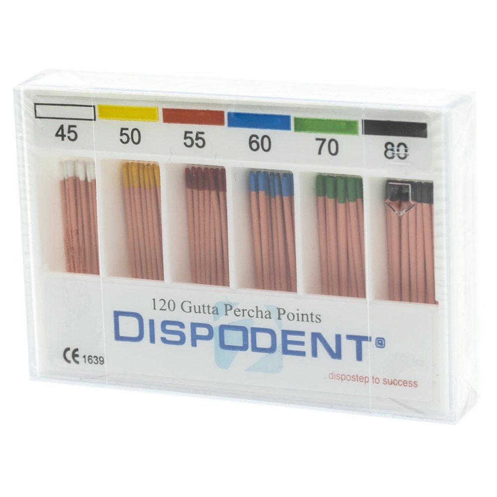 Гуттаперчевые штифты 02 №45-80 Dispodent для пломбирования корневых каналов (120 шт)