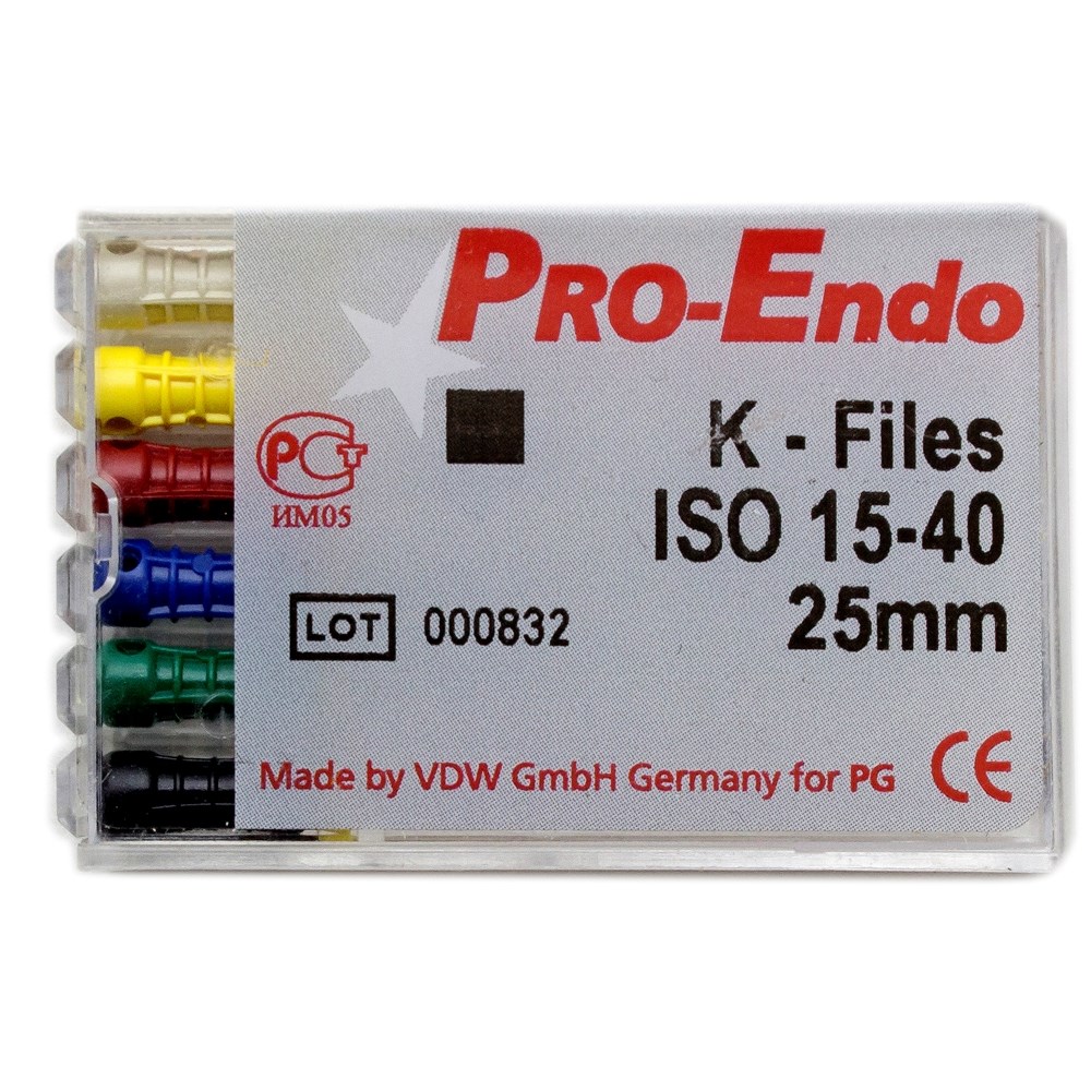 K-Files №15-40, 25 мм, Pro-Endo, для препарирования канала, нержавеющая сталь (6 шт)