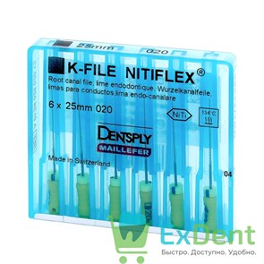 K-file Nitiflex №20, 25 мм, Dentply, никель-титан, ручной, для препарирования канала (6 шт)