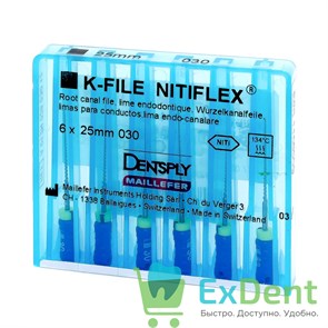 K-file Nitiflex №30, 25 мм, Dentply, никель-титан, ручной, для препарирования канала (6 шт)