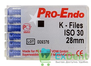 K-Files №30, 28 мм, Pro-Endo, для препарирования канала, нержавеющая сталь (6 шт)