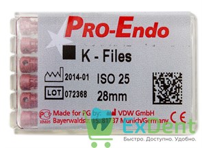 K-Files №25, 28 мм, Pro-Endo, для препарирования канала, нержавеющая сталь (6 шт)