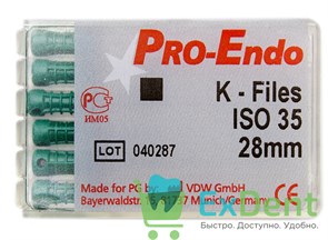 K-Files №35, 28 мм, Pro-Endo, для препарирования канала, нержавеющая сталь (6 шт)
