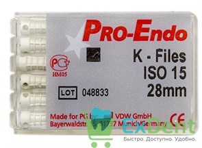 K-Files №15, 28 мм, Pro-Endo, для препарирования канала, нержавеющая сталь (6 шт)