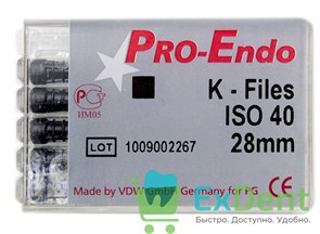 K-Files №40, 28 мм, Pro-Endo, для препарирования канала, нержавеющая сталь (6 шт)