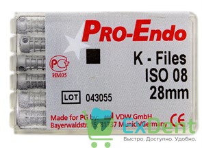K-Files №08, 28 мм, Pro-Endo, для препарирования канала, нержавеющая сталь (6 шт)