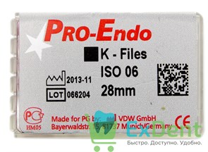 K-Files №06, 28 мм, Pro-Endo, для препарирования канала, нержавеющая сталь (6 шт)