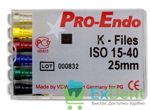 K-Files №15-40, 25 мм, Pro-Endo, для препарирования канала, нержавеющая сталь (6 шт)